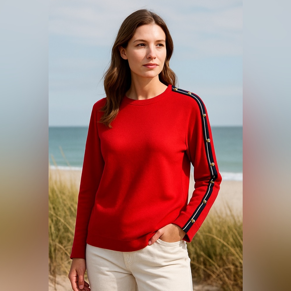 Strenesse Red Wool Blend Sweater Button Shoulder Detail Size 6 (US)